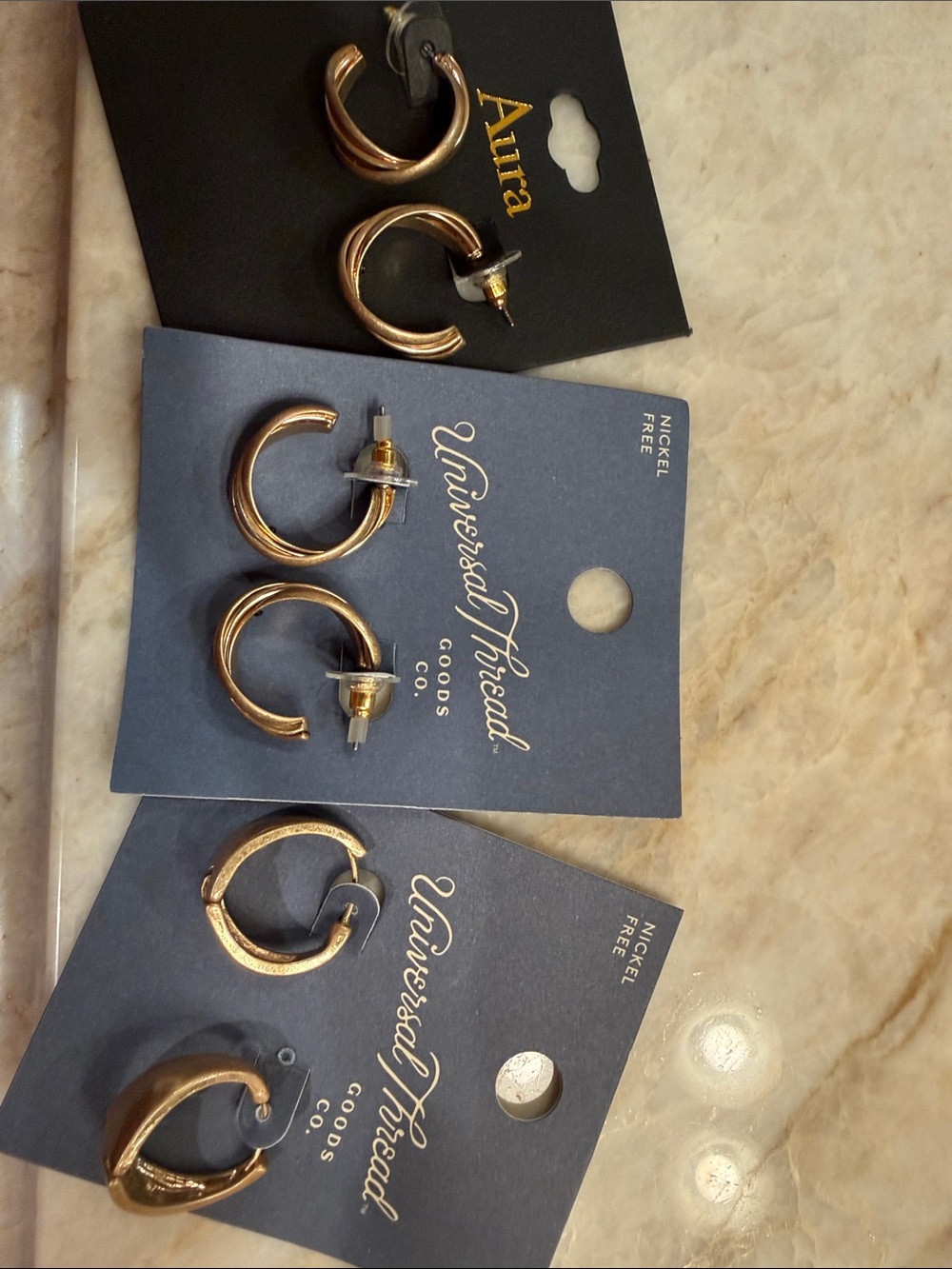 Universal Thread and Aura Gold tone THREE Pairs Hoop Earring Sets
